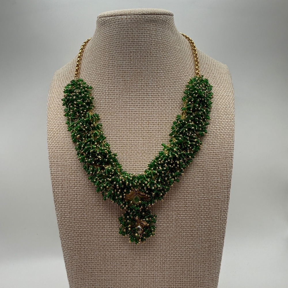Glass Seed Bead MobWife Boho Statement Bib Necklace Green Gold OS Green